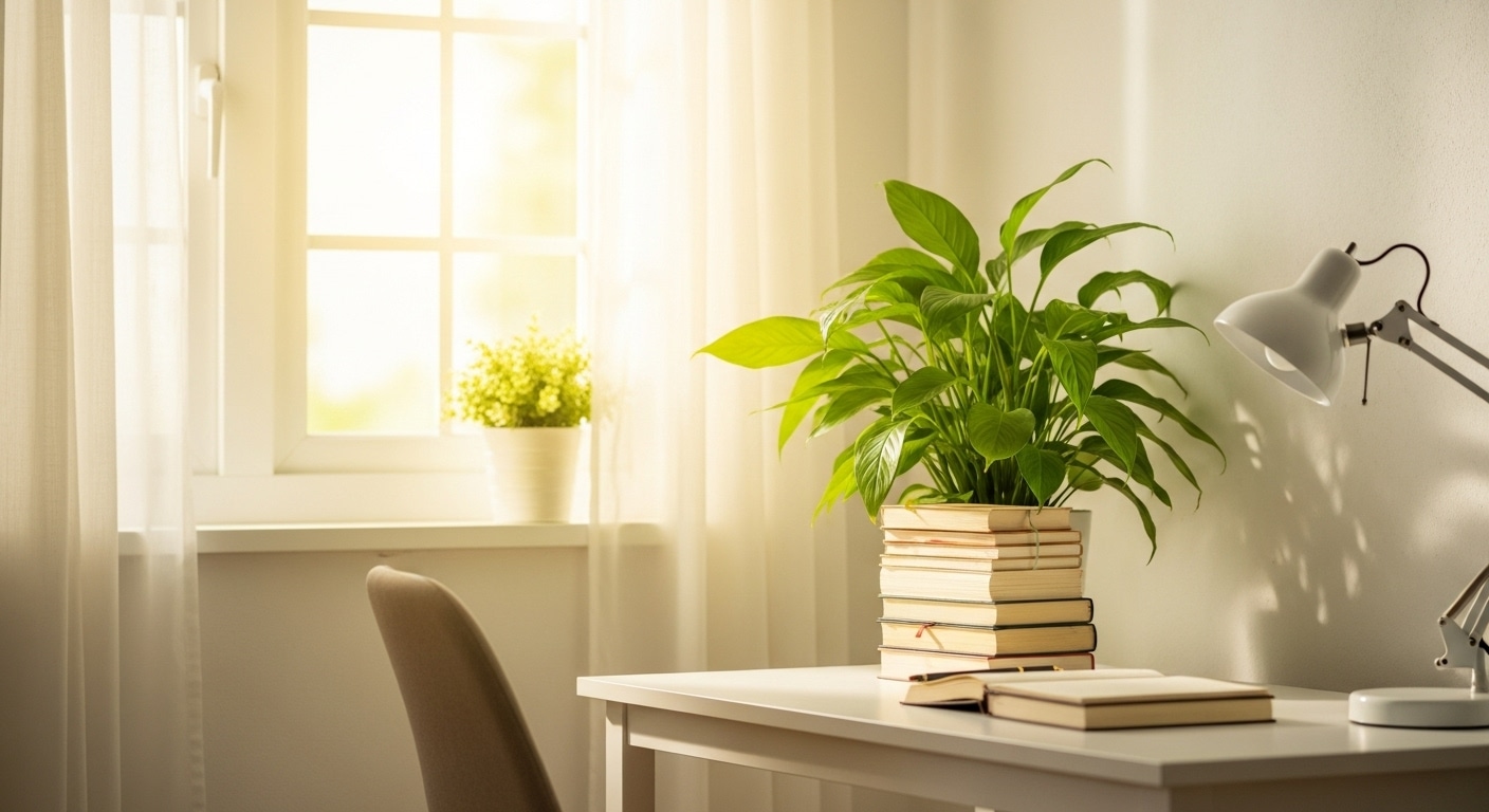 An tranquil and harmonious home study space, embodying the principles of Chinese philosophy for well-being. Soft, natural sunlight, a vital source of Yang Qi, gently streams through a window, illuminating a clear, uncluttered white desk. A flourishing green plant, representing the Wood Element and vibrant life force, thrives on a stack of books, symbolizing growth and wisdom. A minimalist white desk lamp stands nearby, hinting at balanced illumination. The overall scene conveys a sense of peaceful contemplation, clear mind, and the harmonious integration of nature within one's personal environment, fostering a smooth flow of Qi and nurturing the spirit.