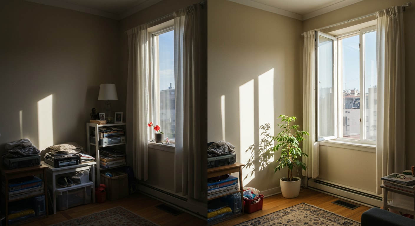 A room corner with two windows, natural light, and shadows. A green plant sits by one window. Hardwood floors and patterned rugs are visible, along with some furniture and stored items. The scene is quiet, showing indoor light and an urban view outside.