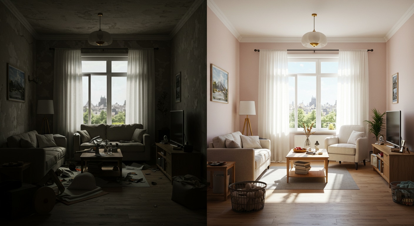 This diptych image visually represents the contrast between a space burdened by stagnation and disorder, and one revitalized by order and clarity, reflecting principles of Qi flow and harmonious living. The left side depicts a room overwhelmed by clutter and disarray, suggesting a blockage of turbid energy and an oppressive atmosphere that can mirror mental fogginess. The right side showcases the same room transformed by order and cleanliness, with ample natural light promoting lightness and mental clarity. The presence of a plant on the right further enhances vitality. This transformation illustrates how eliminating clutter supports the free flow of energy, positively impacting well-being and symbolizing the shift from energetic stagnation to vibrancy and balance.