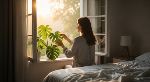 An early morning indoor shot shows a person from behind, with long brown hair, wearing a light-colored top, gently touching the large green leaves of a monstera plant. The plant sits on a sunlit windowsill with an open window, revealing bright, soft sunlight filtering through outdoor foliage. To the right of the person, part of a made bed with white bedding and a bedside table with a lamp are visible.