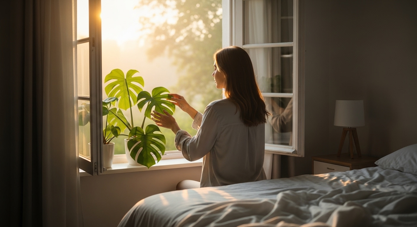An early morning indoor shot shows a person from behind, with long brown hair, wearing a light-colored top, gently touching the large green leaves of a monstera plant. The plant sits on a sunlit windowsill with an open window, revealing bright, soft sunlight filtering through outdoor foliage. To the right of the person, part of a made bed with white bedding and a bedside table with a lamp are visible.