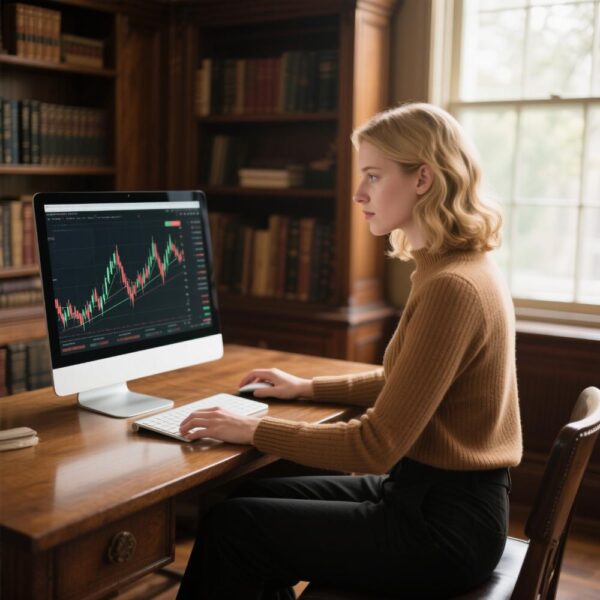A professional woman in a classic library setting, analyzing a financial growth chart to create her strategic Career & Abundance Blueprint.