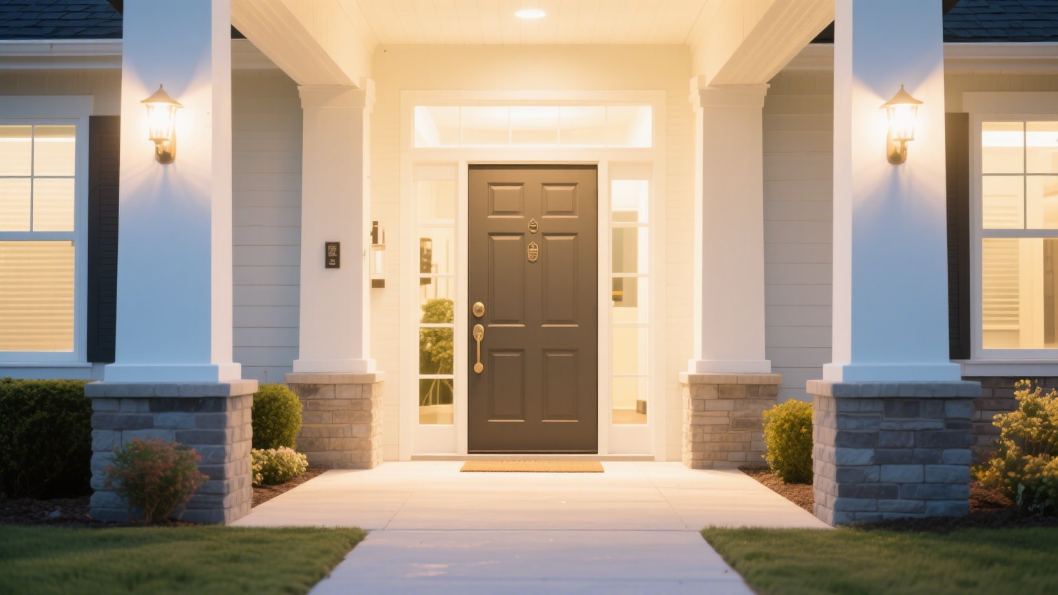 A symmetrical exterior view of a modern home's front entrance at dusk or night. A dark grey front door with white trim is centered between two white pillars with stone bases. On either side of the door and pillars are two windows with white frames and dark shutters. The porch ceiling is illuminated by an overhead light, and two wall-mounted lanterns flank the door, casting warm light. A light-colored pathway leads up to a dark welcome mat in front of the door, with green bushes and landscaping visible on either side.
