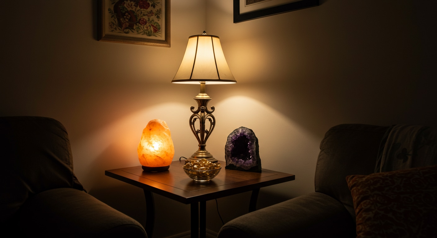 A close-up view of a small, dark wooden side table illuminated by a warm glow. On the table sits a classic-style table lamp with a cream-colored shade, casting light onto a glowing orange Himalayan salt lamp on its left and a large, deep purple amethyst geode on its right. In front of the lamp is a small golden bowl filled with golden coins. To the left and right, parts of dark brown armchairs are visible.