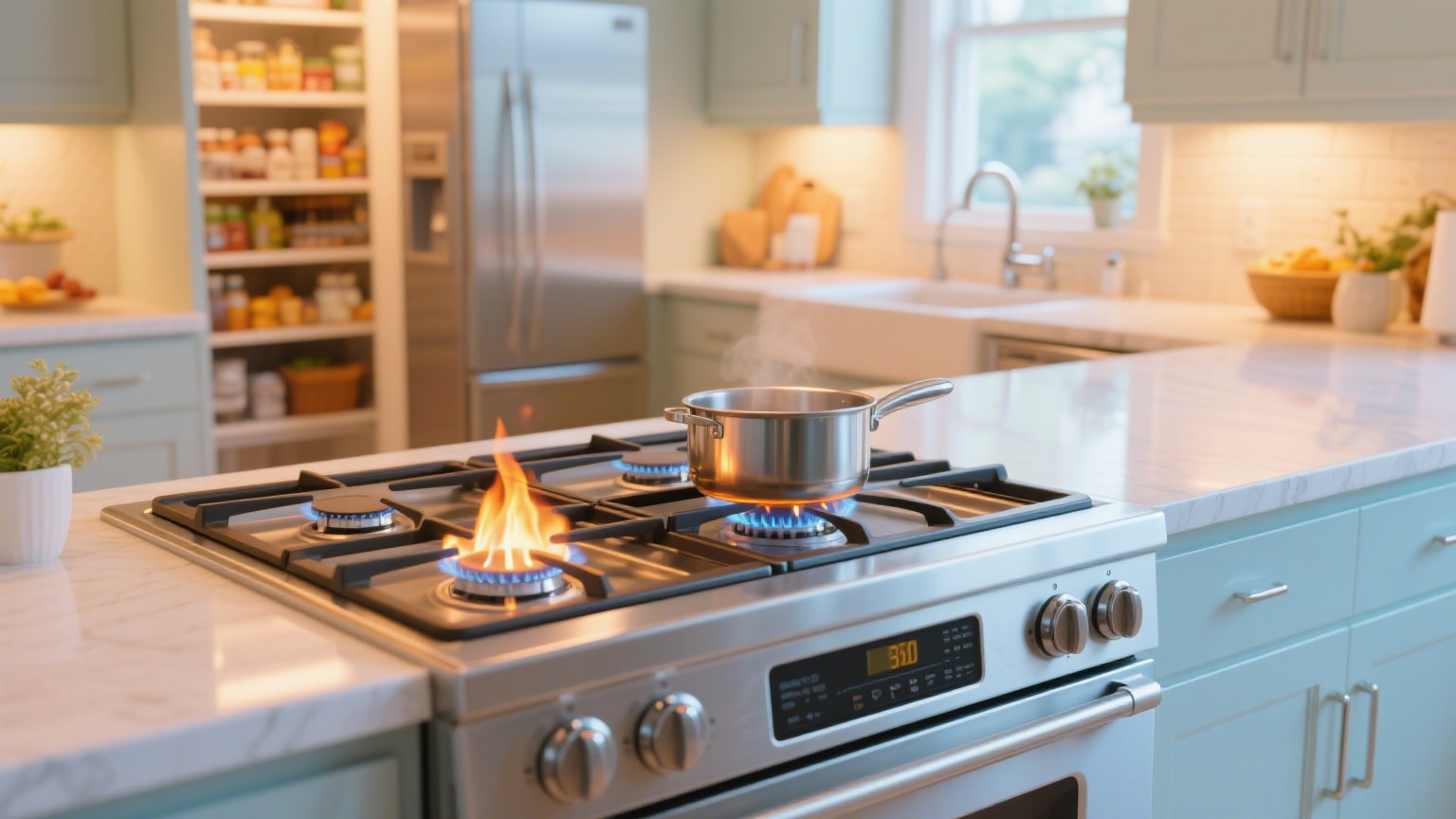 A close-up view of a modern kitchen, focusing on a stainless steel gas range with two burners actively lit, showing blue flames. A small silver pot is simmering on one of the back burners, emitting steam. The countertop is a light-colored marble or quartz. In the background, a stainless steel refrigerator, a sink under a window, and open shelving filled with jars and bottles are visible, all bathed in bright, natural light. The kitchen features light blue cabinet fronts.