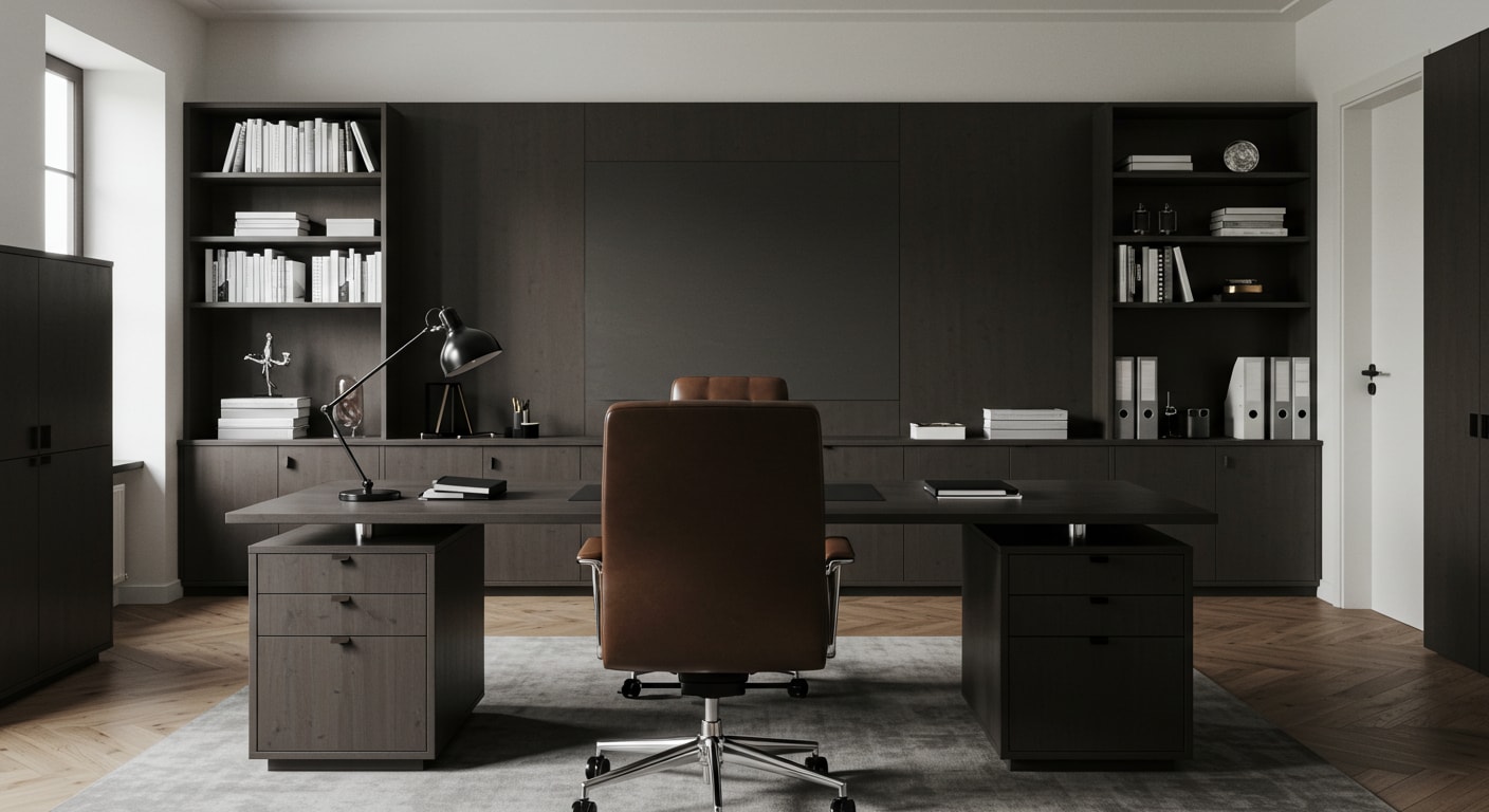 A wide shot of a modern, organized home office or study. In the center, a large dark wood desk with two sets of drawers faces a minimalist dark wood wall paneling. Behind the desk is a brown leather office chair. On either side of the desk, integrated dark wood shelving units are filled with books, decorative objects, and organized folders. A large window is visible on the left, and a white door is open on the right, revealing a glimpse of another room. The floor has a light wood parquet pattern, partially covered by a light grey rug under the desk and chair.