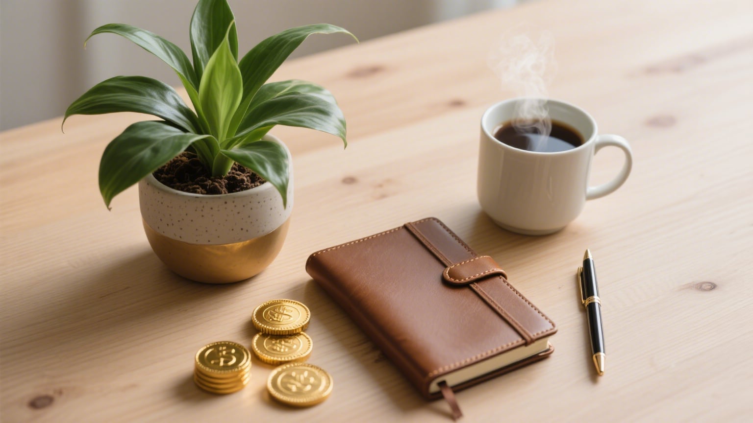 A high-angle shot of a simple, clean wooden desk or tabletop. On the left, a small potted green plant with broad leaves sits in a white and gold planter. Next to it, a stack of four gold-colored coin-like objects is visible. In the center, a closed brown leather-bound notebook or journal with a strap clasp rests beside a black and gold pen. To the right, a white mug filled with a steaming dark beverage, which is a cup of coffee, completes the arrangement.