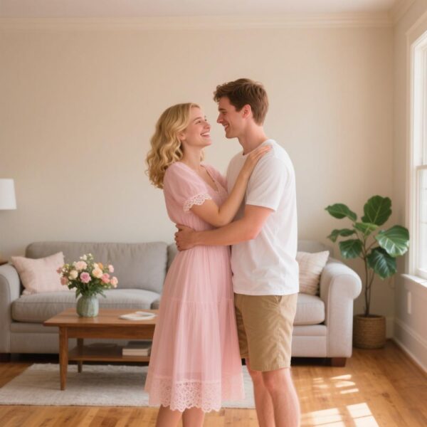 A loving couple sharing a tender embrace and eye contact in their light-filled living room, symbolizing the deep and harmonious connection nurtured by the Relationship Harmony Blueprint.