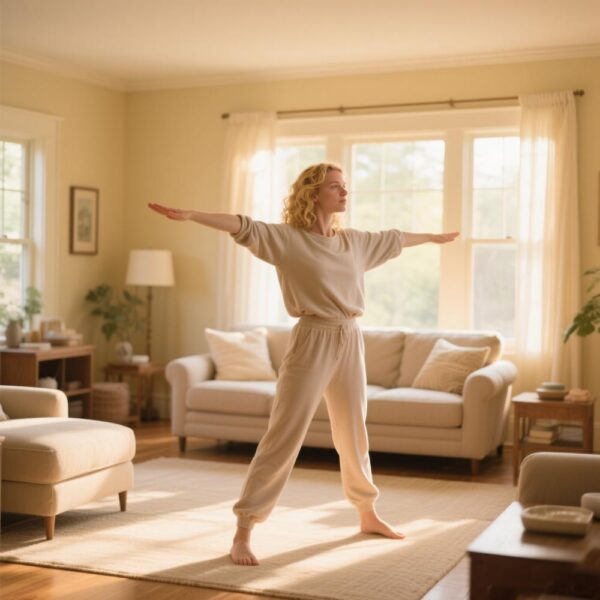 A woman finds her center with a gentle, balancing stretch in a peaceful, sunlit room, embodying personal wellness and vitality.