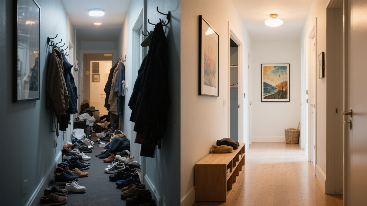 A before-and-after diptych of a hallway, demonstrating a Feng Shui transformation. The 'before' side is cluttered, dark, and stressful. The 'after' side is the same hallway but now bright, organized, and welcoming, showing an improvement in energy flow.
