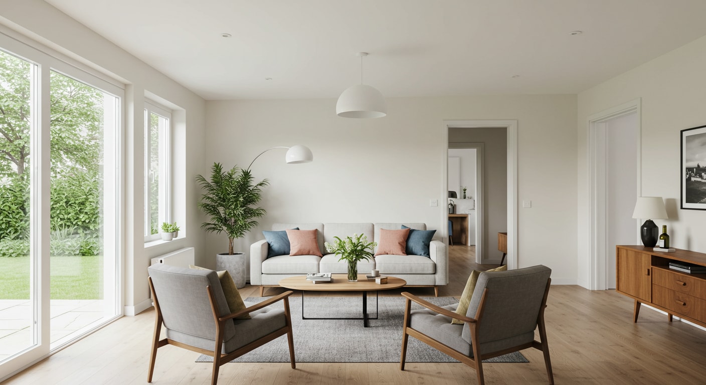 A bright, peaceful living room with good Feng Shui. Natural light fills the space, and the furniture is arranged to create clear, flowing pathways, creating a feeling of balance and harmony.