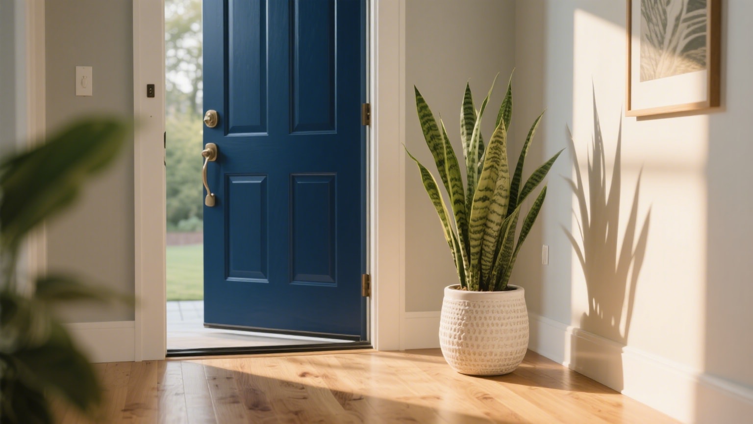 The welcoming entryway of a modern home, symbolizing good Feng Shui. A navy blue front door stands slightly ajar next to a healthy snake plant, as warm sunlight streams in, creating a peaceful and optimistic feeling.