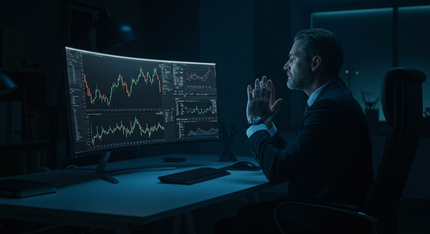 A leader in a high-tech control room closes his eyes in deep thought, pointedly disengaged from the keyboard and data screens to access his inner wisdom before making a decision.