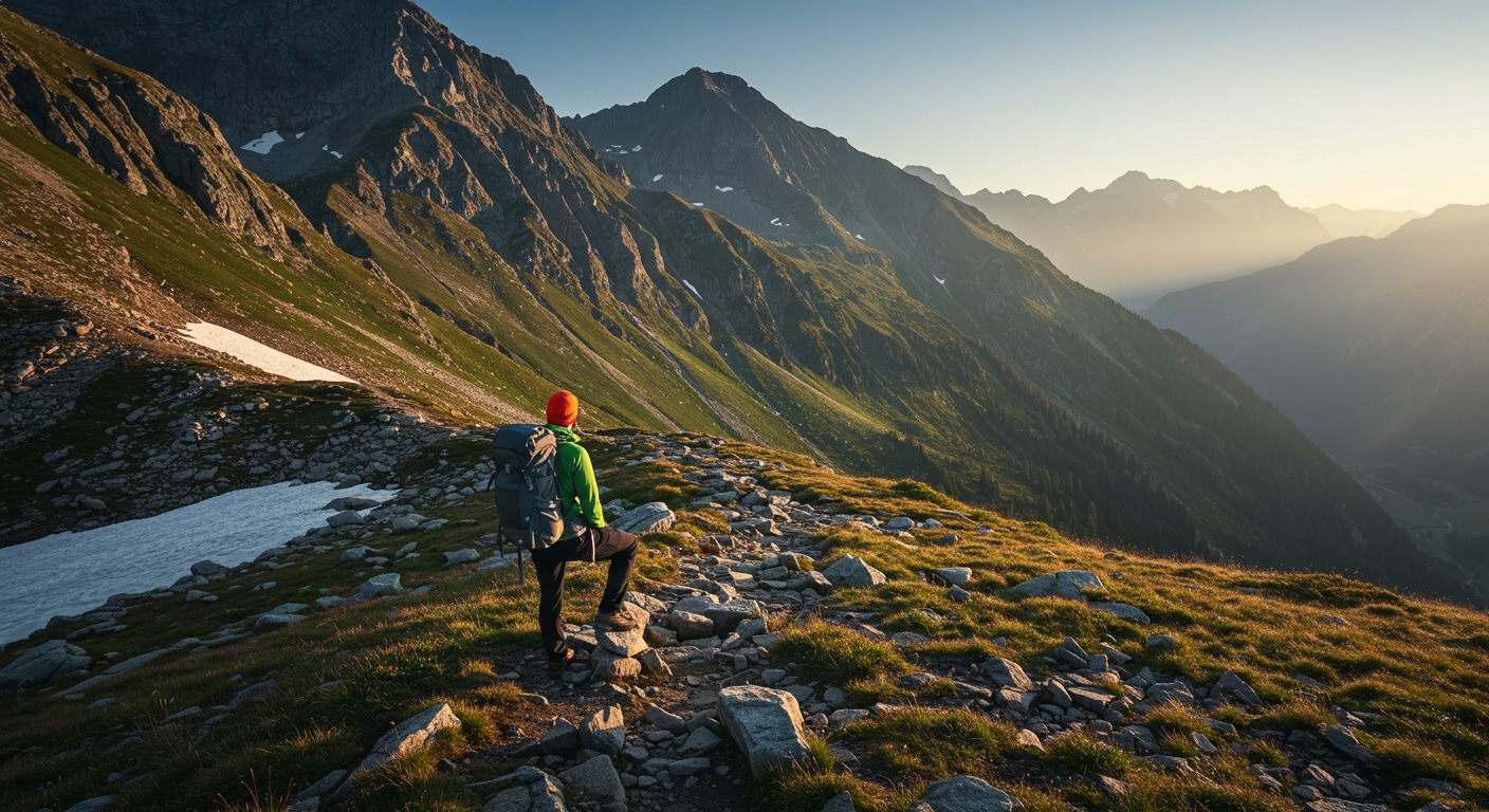A lone mountaineer pauses at a high pass to survey his route, symbolizing the strategic importance of rest, reflection, and planning (the Autumn and Winter phases) within a larger journey of achievement.