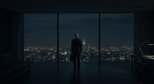 A leader in a high-rise office contemplates the city at dusk, symbolizing strategic vision and looking beyond the immediate to understand deeper patterns of success.