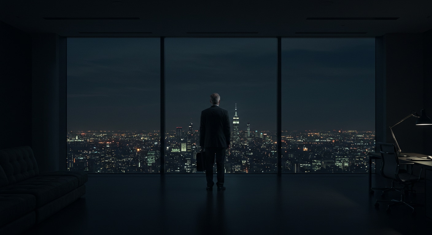 A leader in a high-rise office contemplates the city at dusk, symbolizing strategic vision and looking beyond the immediate to understand deeper patterns of success.