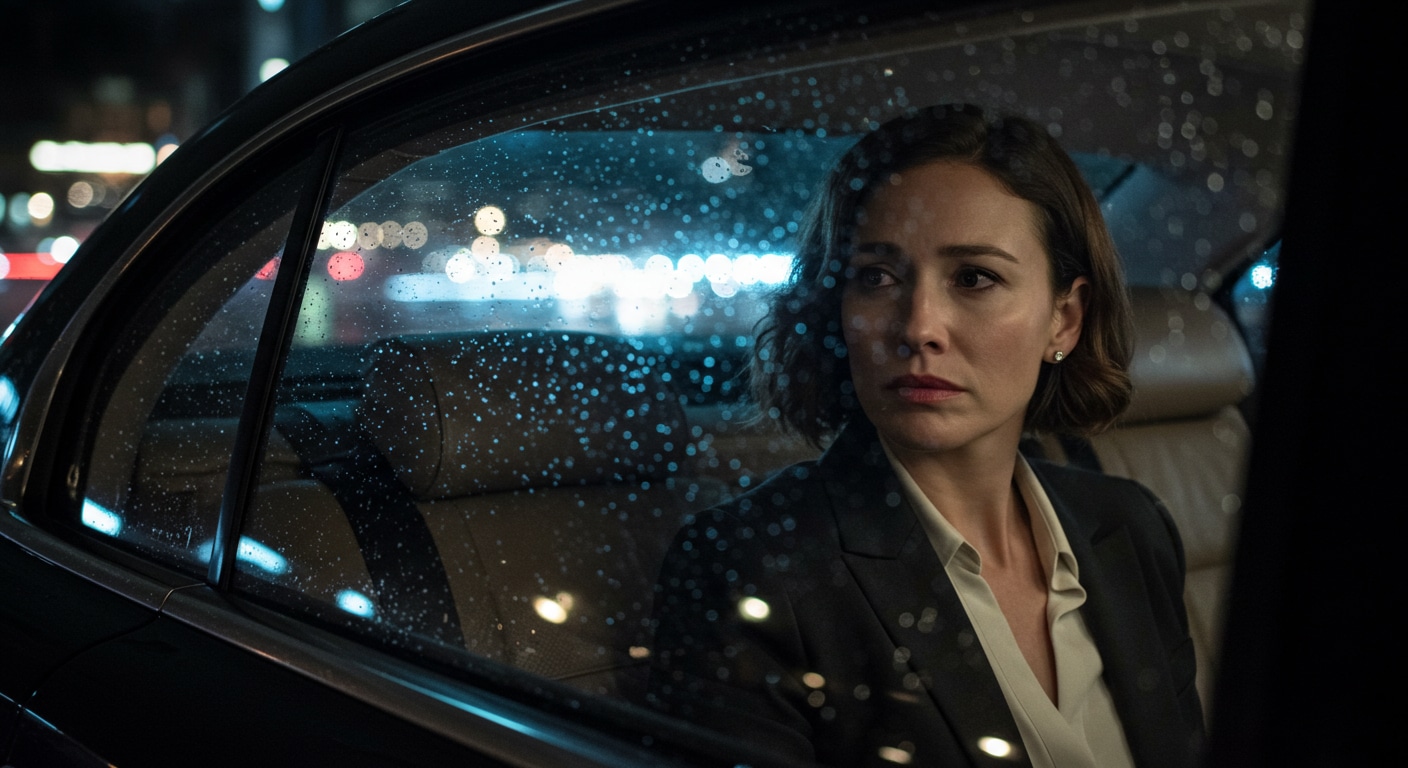 A successful woman looks out the window of a car at a rainy city at night, her contemplative expression conveying a sense of isolation and emptiness amidst success.