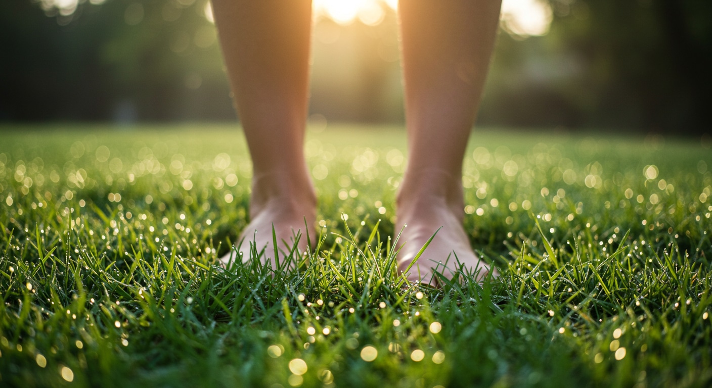 A close-up of bare feet walking on dewy morning grass, representing the grounding practice of reconnecting with the earth through direct sensory experience.