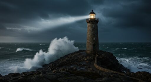 A steadfast lighthouse shines a powerful beam of light through a dark and stormy sea, symbolizing the inner anchor of strength and guidance amidst life's chaos.