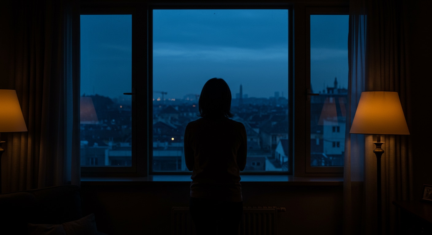 A woman looks out a window at twilight, reflecting the feeling of quiet emptiness and introspection.