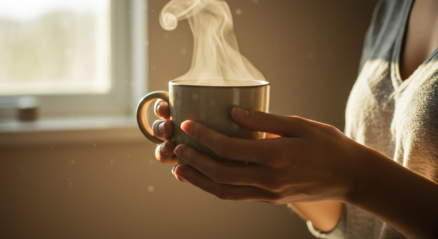 A woman's hands holding a warm mug of tea in the morning sun, symbolizing self-care and nourishing one's inner energy.