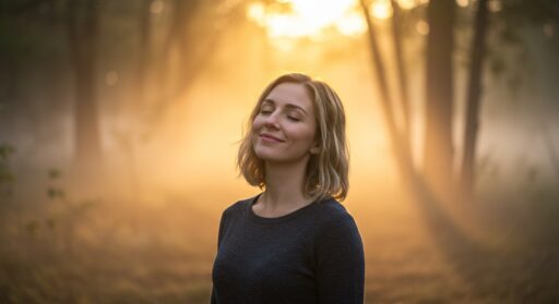 A serene woman in her 30s stands in a sunlit forest, embodying a sense of inner peace and wholeness.