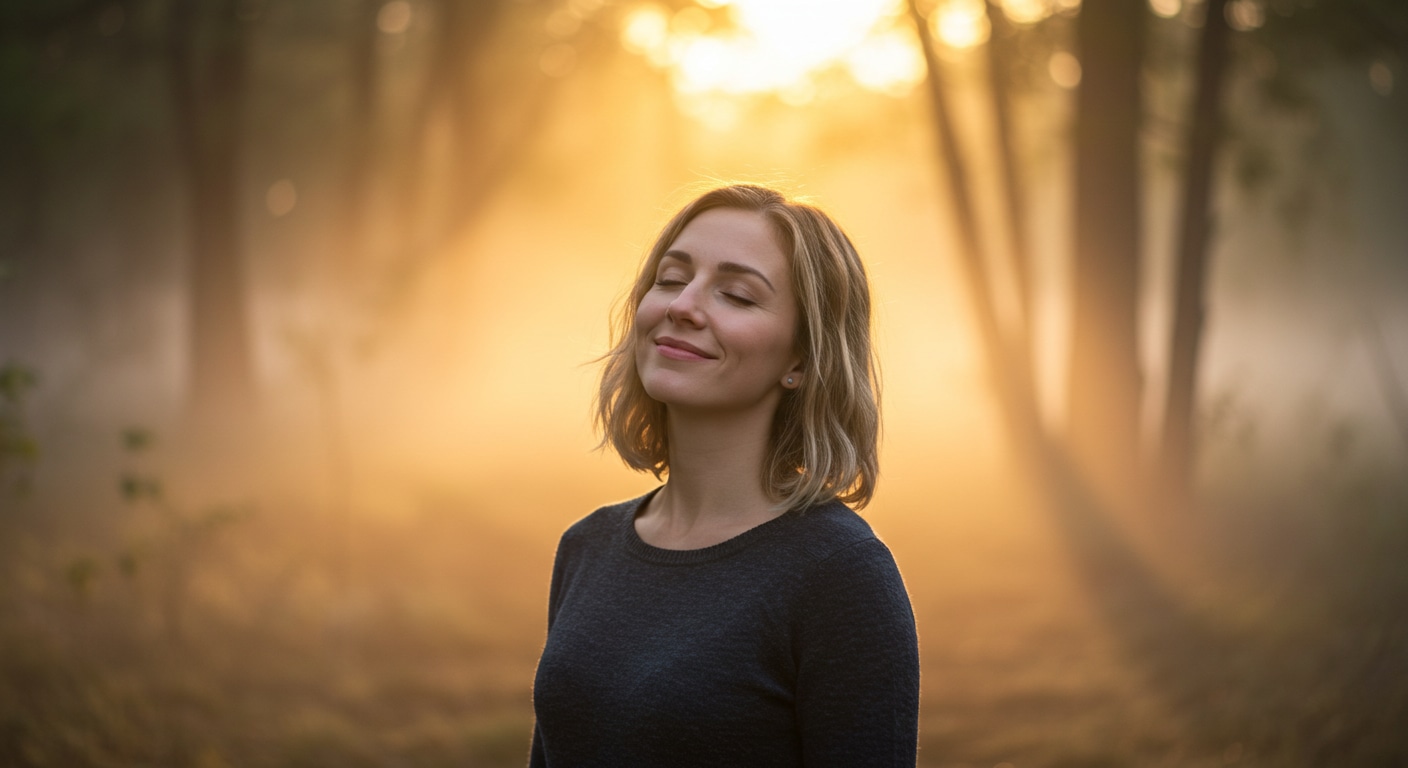 A serene woman in her 30s stands in a sunlit forest, embodying a sense of inner peace and wholeness.