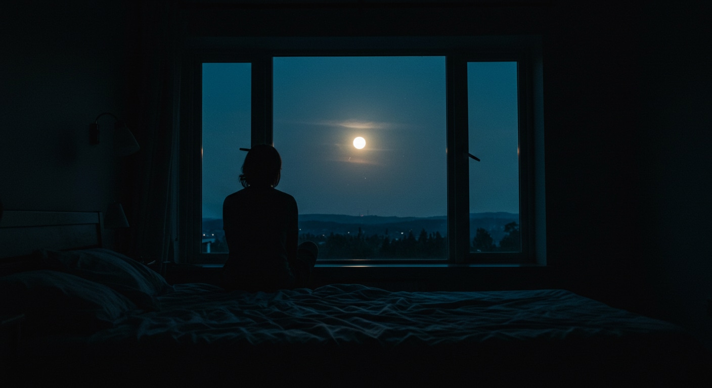 A person sits on the edge of their bed in a dark room, looking out at the moonlit sky, conveying a sense of quiet, sleepless contemplation.
