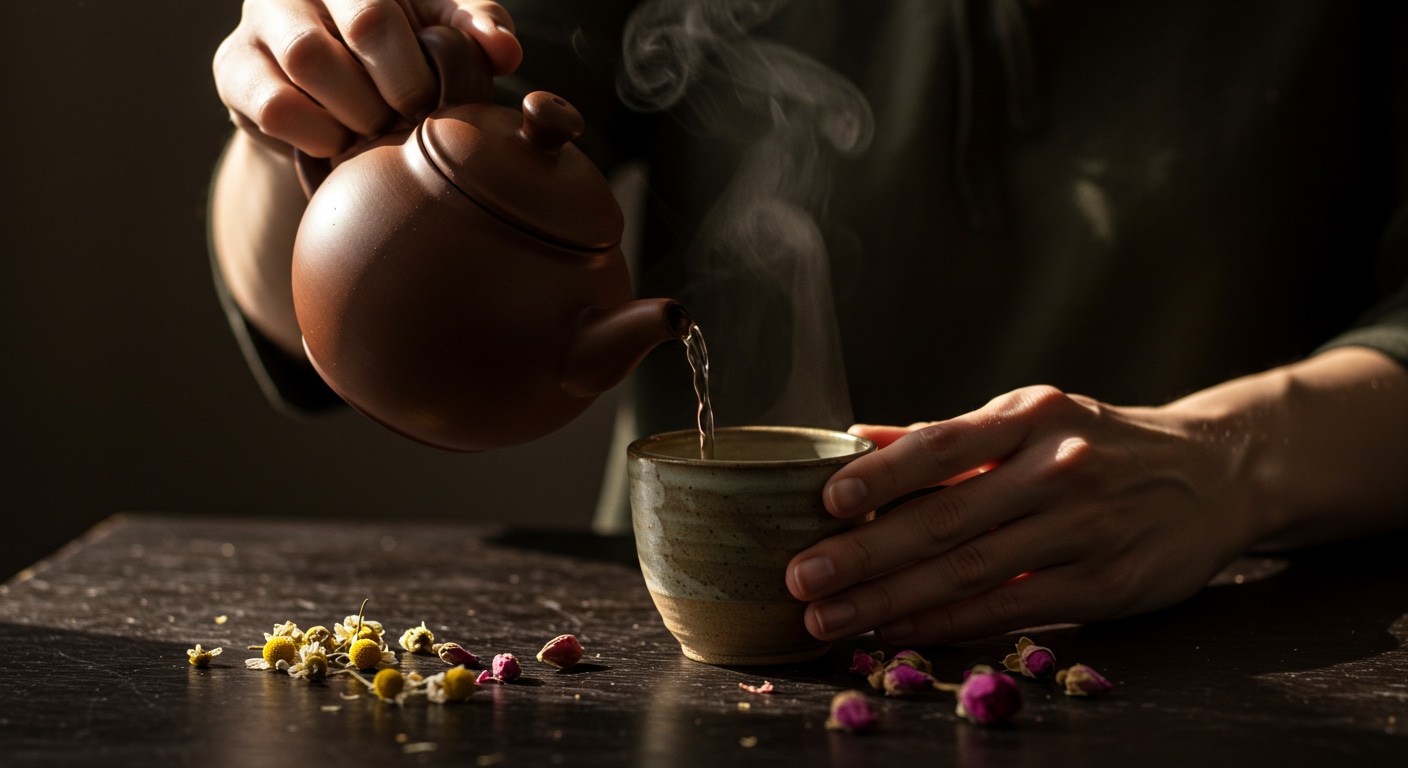 A close-up of hands mindfully pouring hot water into a teacup to prepare herbal tea, symbolizing a personal ritual for inner harmony and calm.
