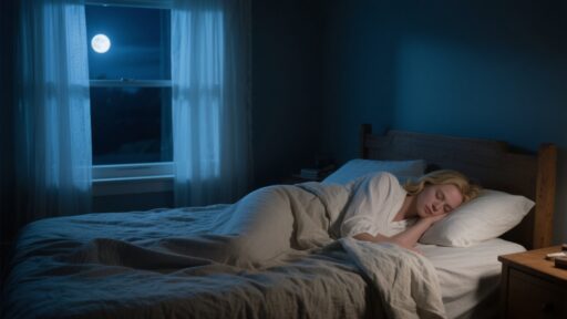 A tranquil bedroom at night with a person sleeping peacefully under cool, blue-white moonlight, evoking a sense of deep, sacred rest and inner peace.