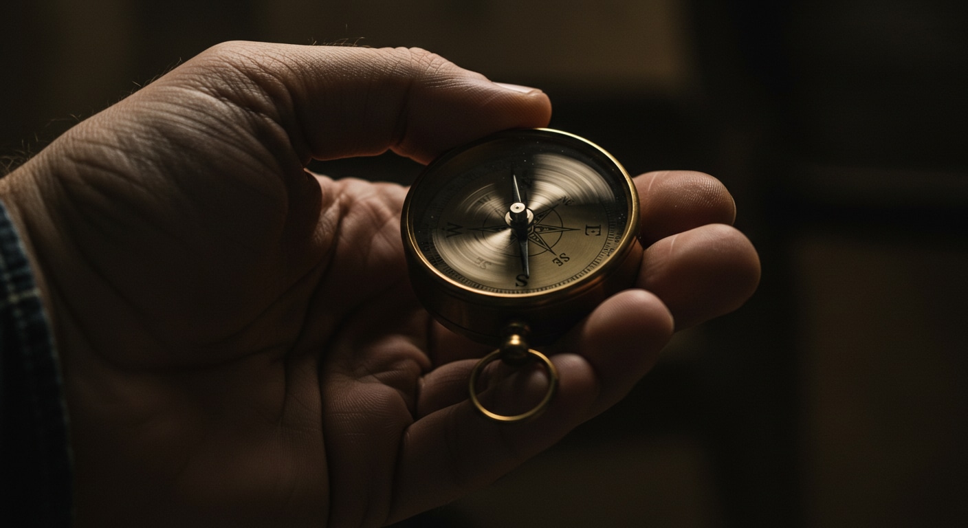 A hand holds a compass with a spinning, erratic needle, representing the clouded intuition and indecision of a personal defensive period.