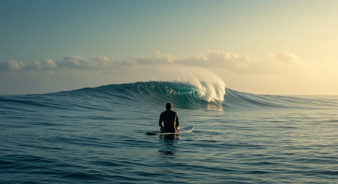 A master surfer waits patiently on his board in a calm ocean, watching for the right wave, symbolizing strategic patience and recognizing the right time to act.