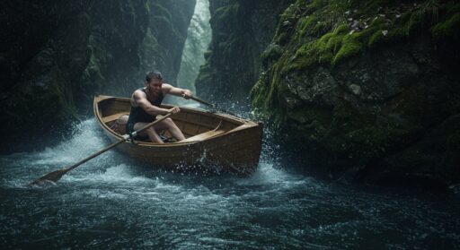 A lone rower in a gorge strains against a powerful current, his boat making no progress, vividly illustrating the concept of the Hustle Trap and futile effort.