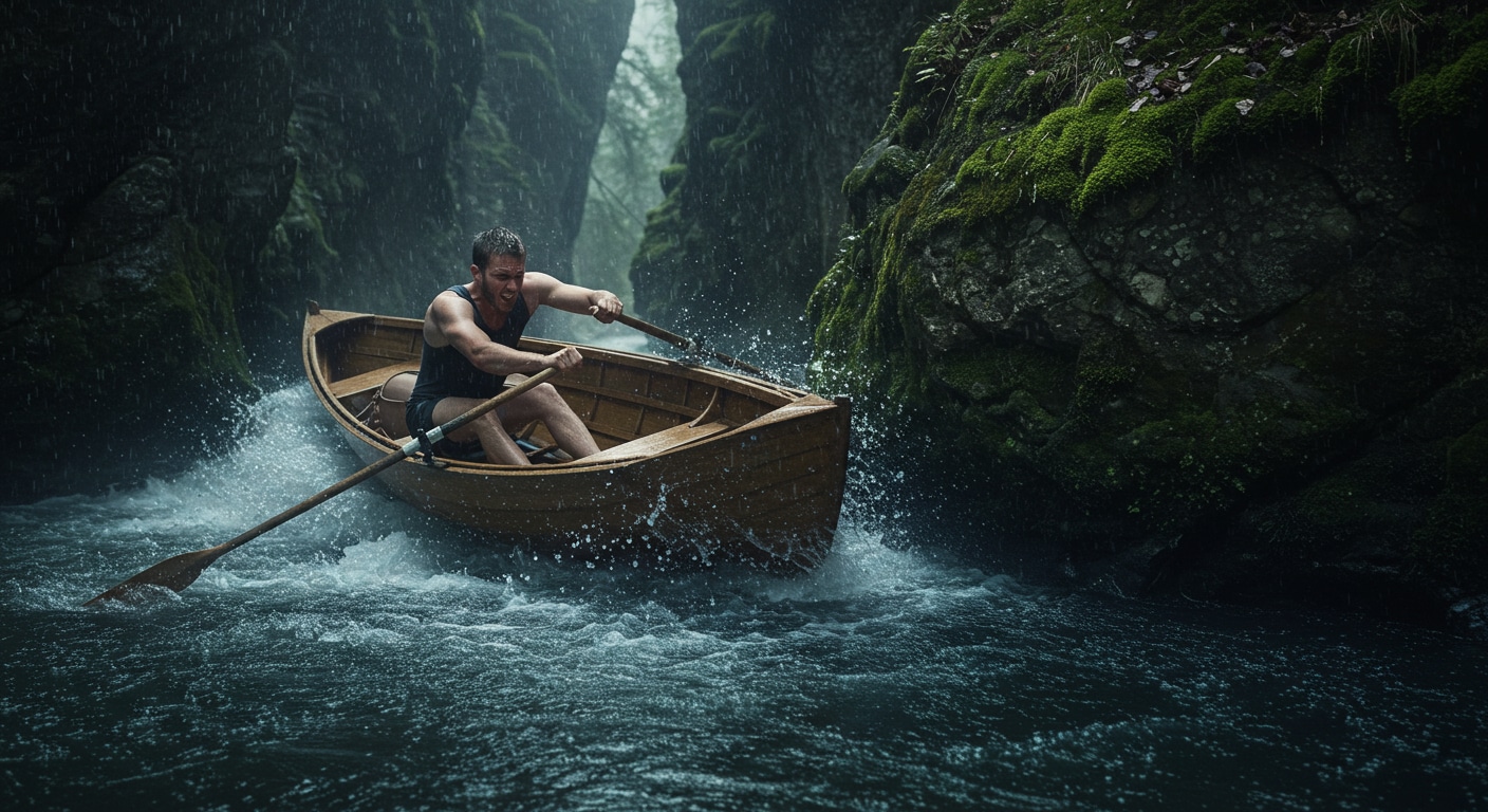 A lone rower in a gorge strains against a powerful current, his boat making no progress, vividly illustrating the concept of the Hustle Trap and futile effort.