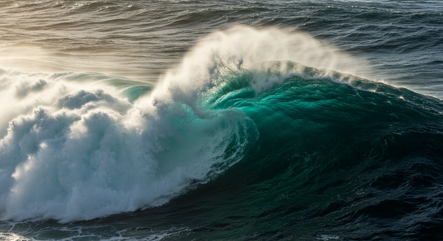 A powerful ocean wave cresting, captured in high-speed, symbolizing the raw, untamed, and dynamic natural energy of Qi.