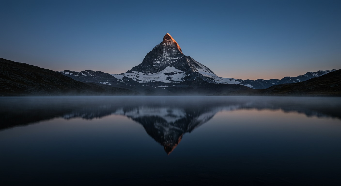 A majestic mountain (Yang) is perfectly reflected in a still alpine lake (Yin), illustrating the profound balance and harmonious unity of opposites in nature.