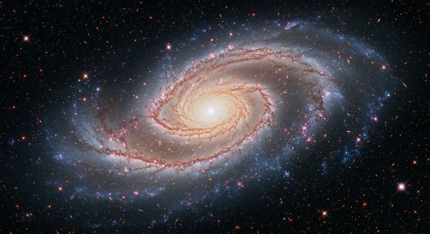 A grand spiral galaxy, representing The Five Elements as a vast, cyclical, and interconnected system that follows precise, natural laws on a cosmic scale.