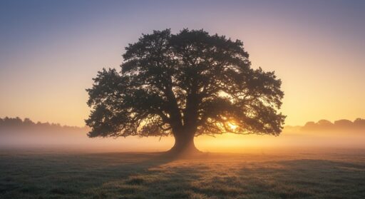 A colossal ancient oak tree at sunrise, its powerful roots and sprawling branches symbolizing deep-rooted strength, timeless wisdom, and the immense power of a living system.