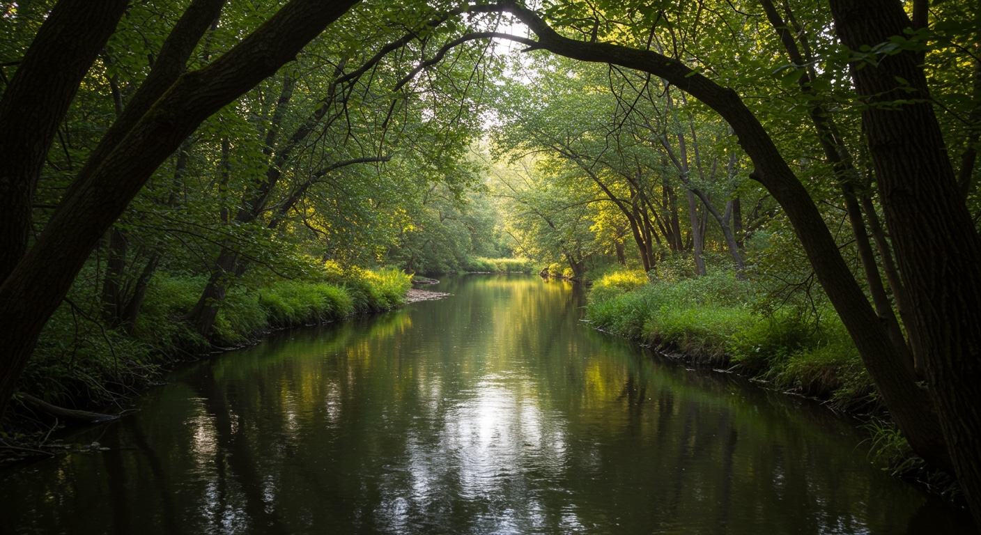 A realistic photo of a winding river through a green forest, symbolizing the Taoist flow of life.