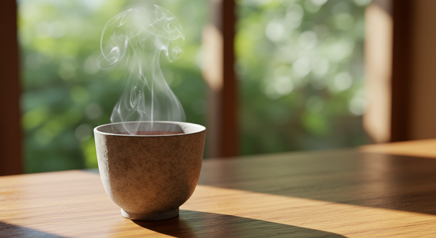 A realistic photo of a steaming cup of tea by a sunlit window, symbolizing mindful presence in daily life.