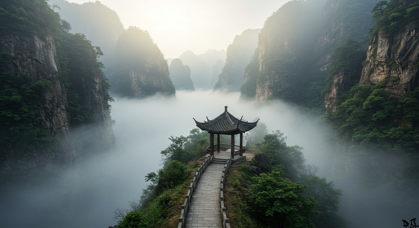 A realistic photo of misty mountains with a small pavilion and winding path, evoking poetic Chinese landscapes.