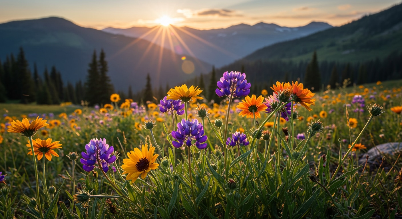 A realistic photo of delicate wildflowers with a soft mountain background.