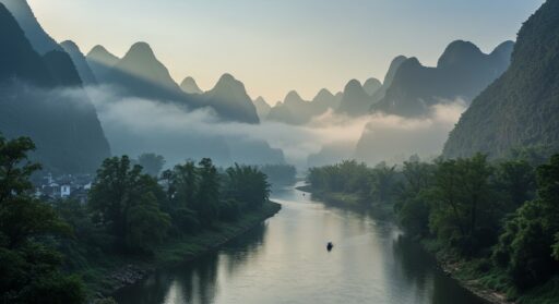 A realistic photo of a misty mountain river flowing through green valleys at sunrise, inspired by Chinese landscape painting.