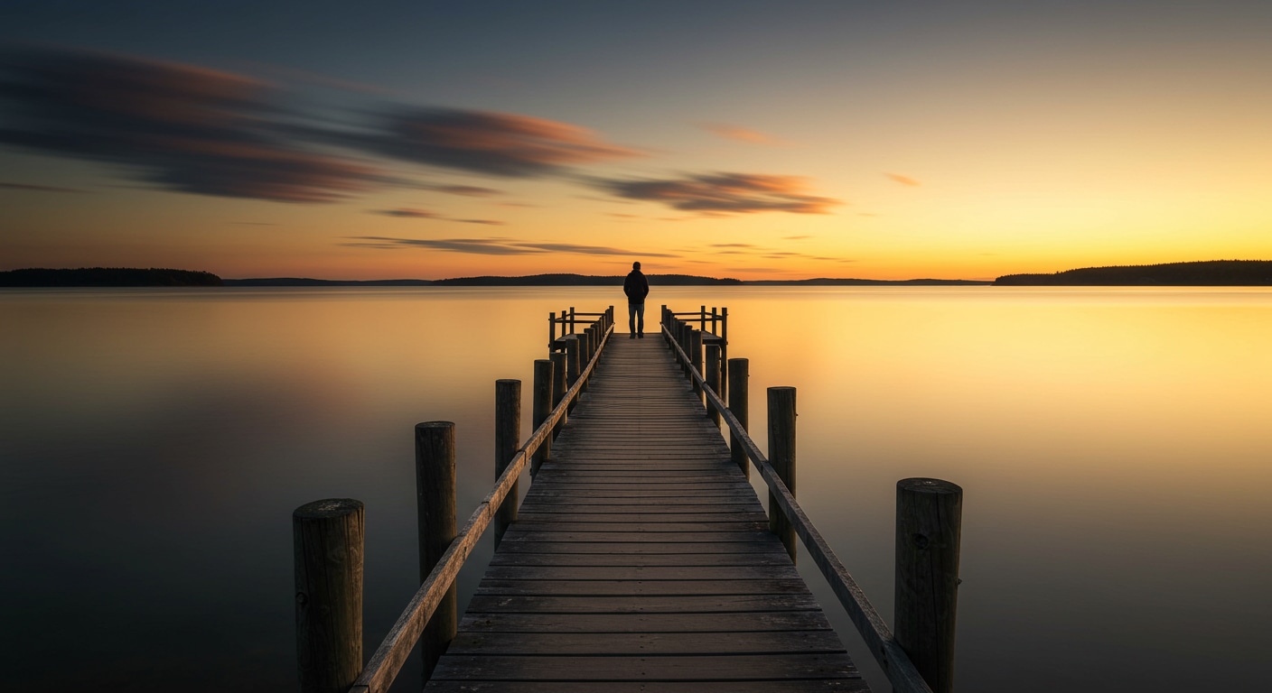 Realistic photograph of a lone person standing at the end of a wooden pier over a calm lake, symbolizing acceptance of the past and readiness for the future.
