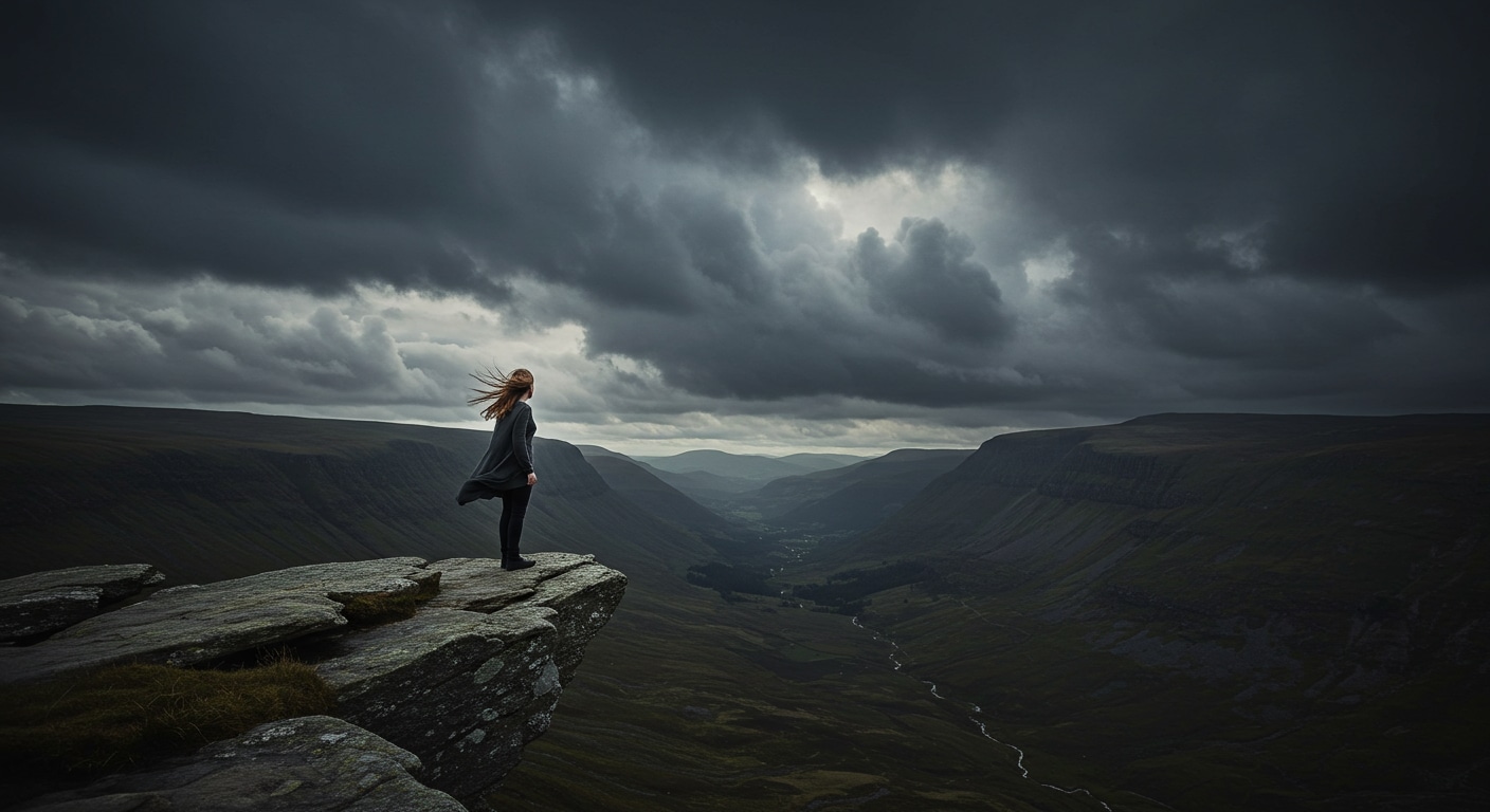 Realistic photograph of a person on a cliff overlooking a valley, symbolizing release from resentment and openness to life.