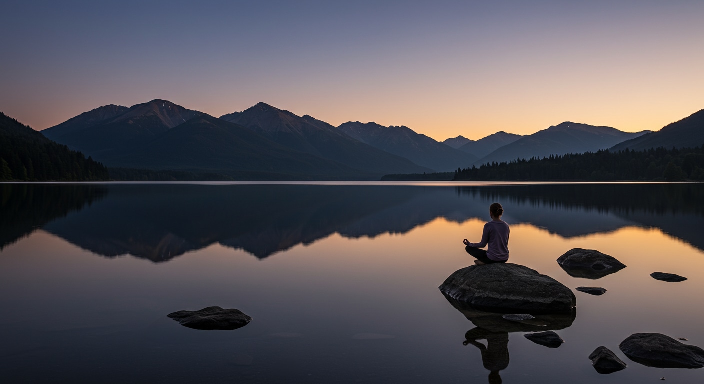 Realistic photograph of a calm lake at dawn with a person meditating, symbolizing the mind’s power to shape reality.