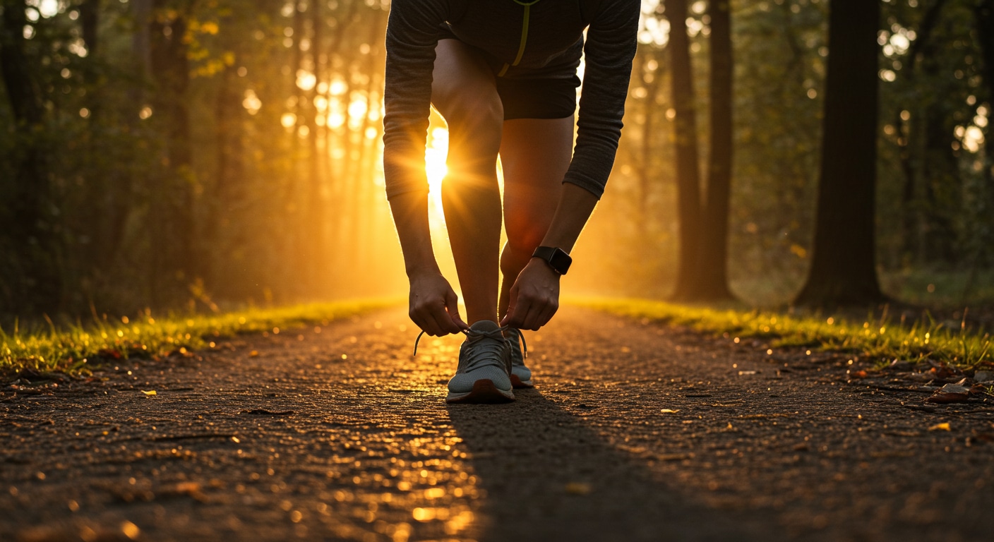 Realistic photograph of a person tying shoelaces on a forest trail at sunrise, symbolizing intentional action and a fresh start.