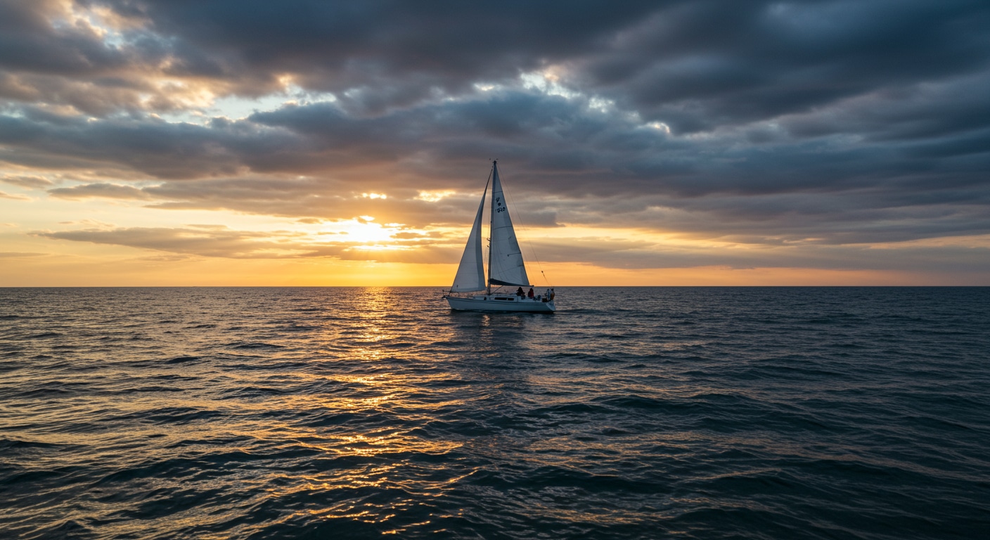 Golden sunrise over a calm ocean with a lone sailboat in the distance, symbolizing life’s journey through uncertainty.