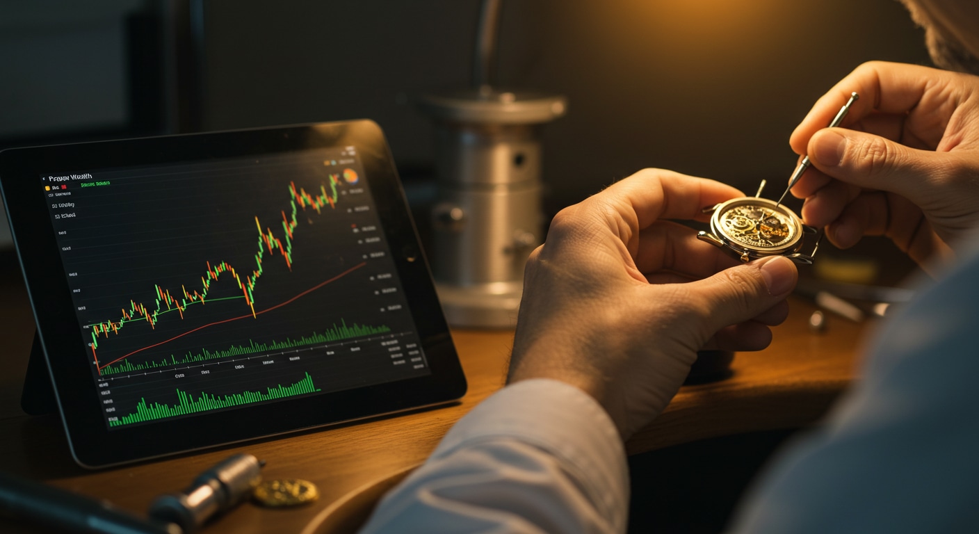 A watchmaker meticulously crafts a timepiece, representing Proper Wealth, while a volatile crypto chart on a tablet in the background represents Windfall Wealth.