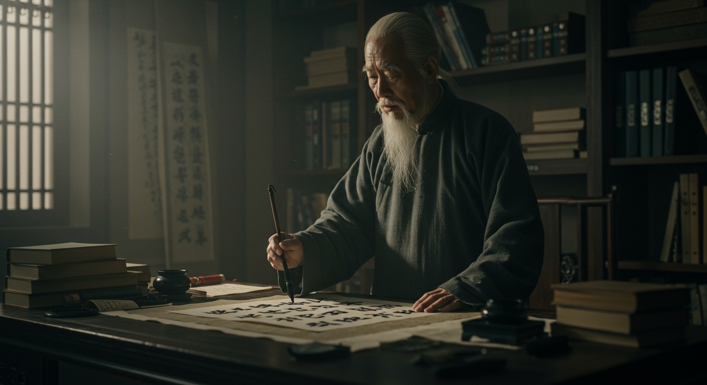 A Chinese calligraphy master pauses in deep contemplation before painting, symbolizing the profound patience and strategic preparation required for the Alchemist's Decision Matrix.